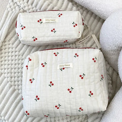 Quilted Cotton Ladies Travel Storage Bag Retro Cherry Women's Cosmetic Bags Cute Design Girls Pencil Case Makeup Bag Handbags